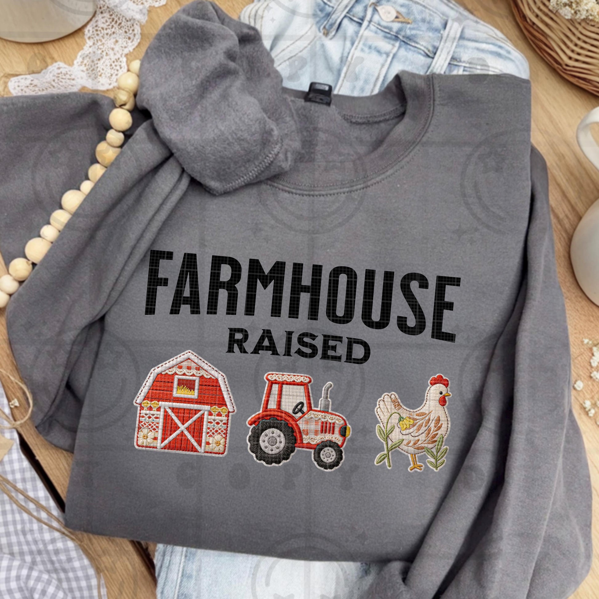 Farmhouse Raised faux embroidery style design with red barn tractor and chicken illustrations in rustic farmhouse cottagecore aesthetic