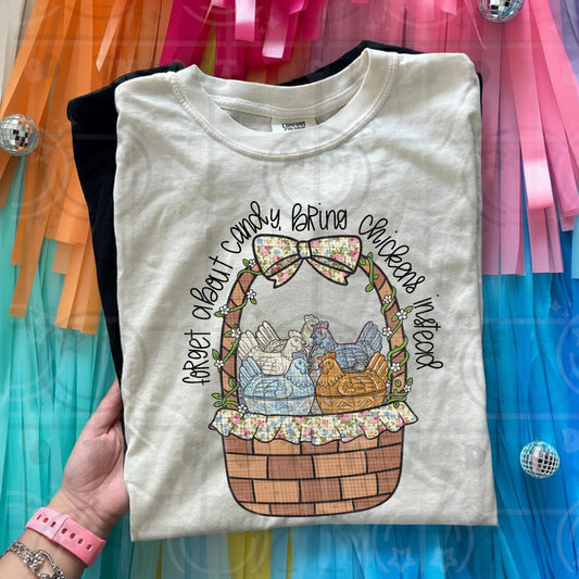 Vintage cottagecore illustration of chickens sitting in a woven basket with florals and the phrase forget about candy bring chickens instead