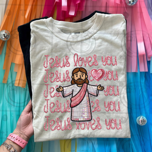 Jesus loves you faux embroidery style design with stitched look lettering heart accents and illustrated Jesus