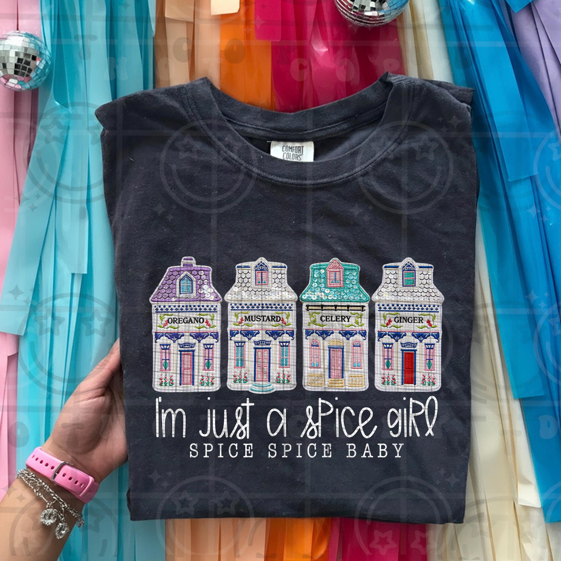 Faux embroidery spice girl design with illustrated spice house jars labeled oregano mustard celery and ginger and the phrase im just a spice girl spice spice baby