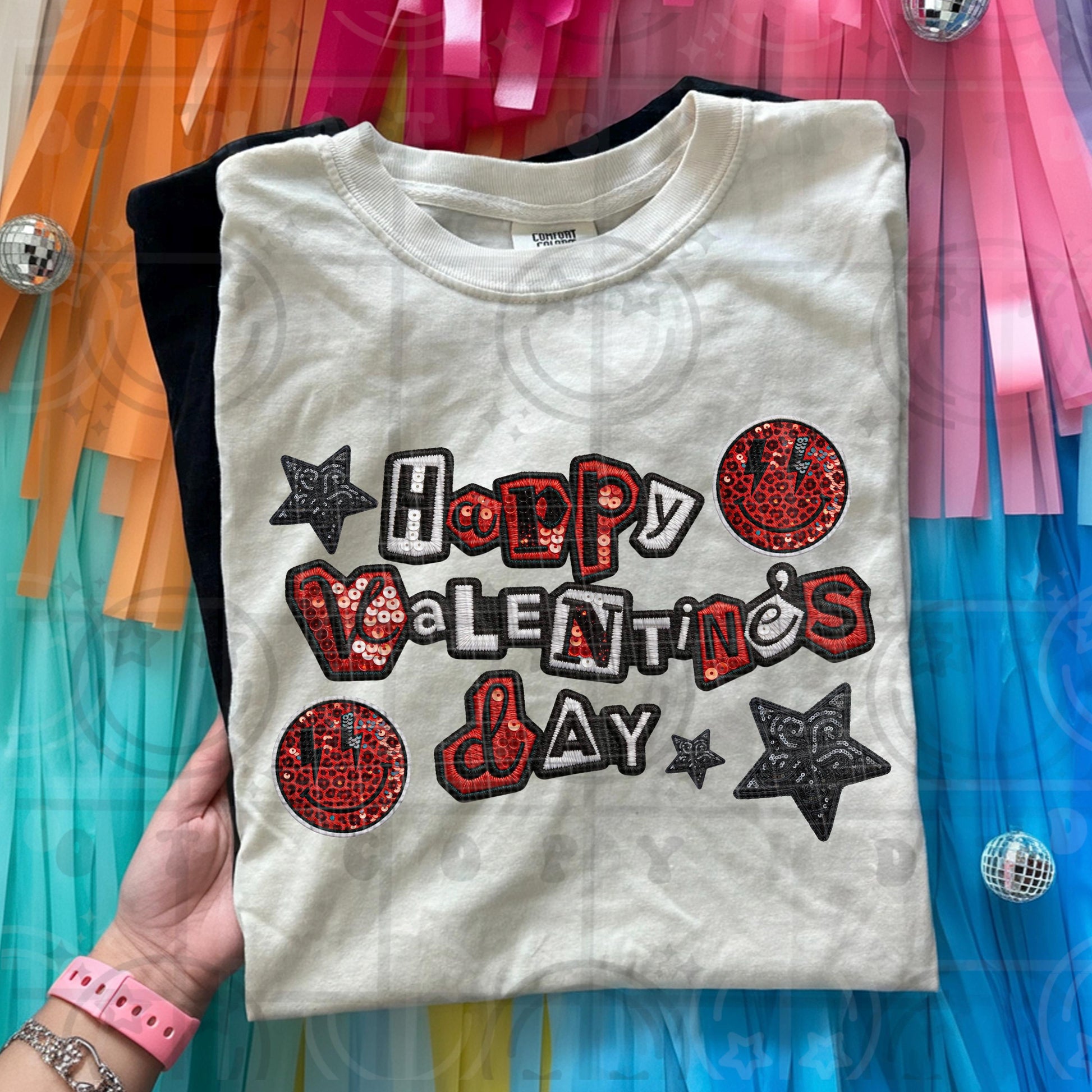 Happy Valentines Day ransom letter PNG with faux embroidery and faux sequin style design in red black and white digital download ransom letters