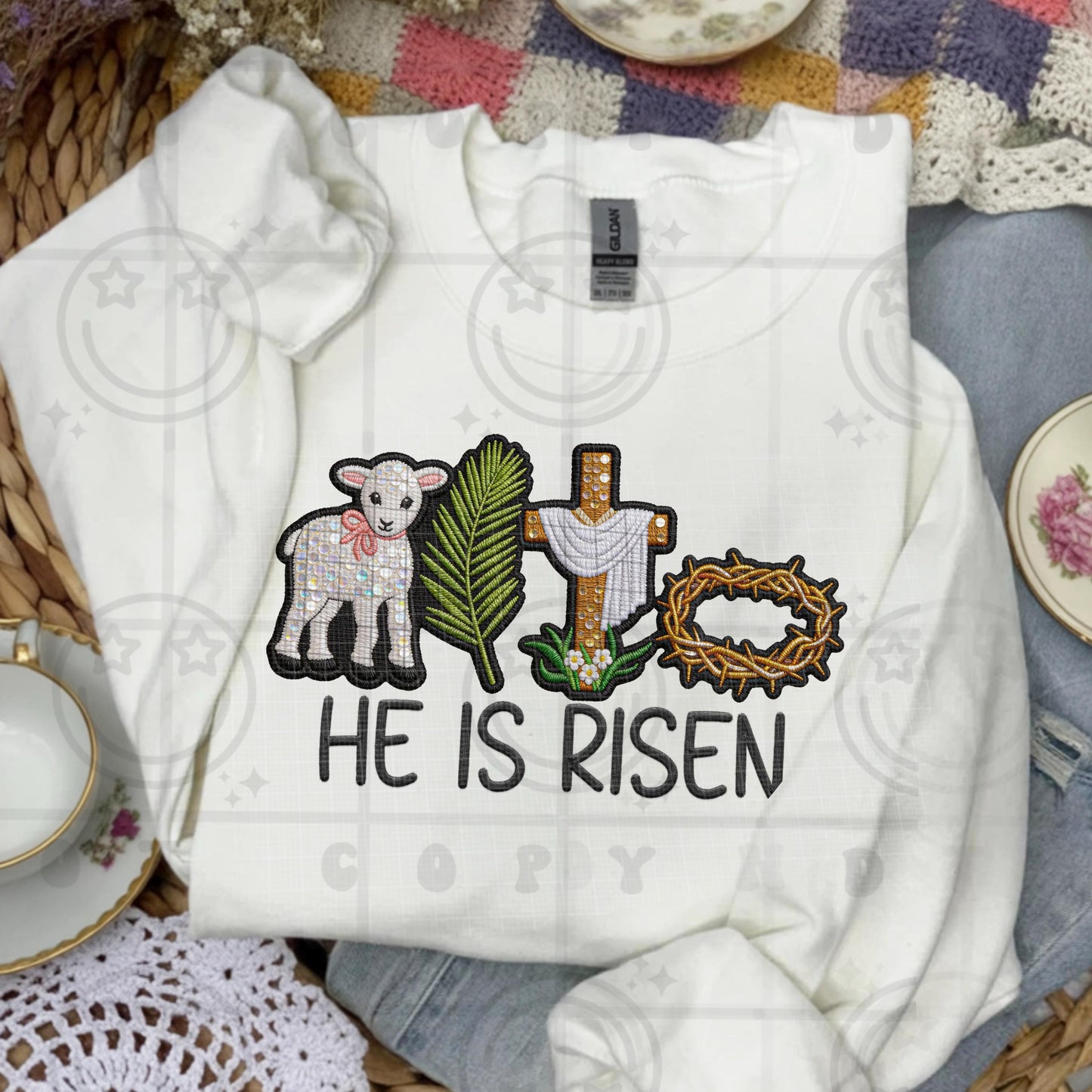 He Is Risen Easter design with lamb cross palm branch and crown of thorns featuring faux embroidery faux applique texture in Christian faith style