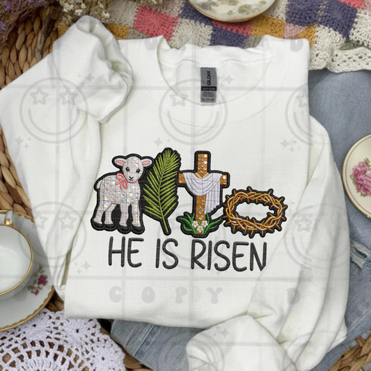 He Is Risen Easter design with lamb cross palm branch and crown of thorns featuring faux embroidery faux applique texture in Christian faith style