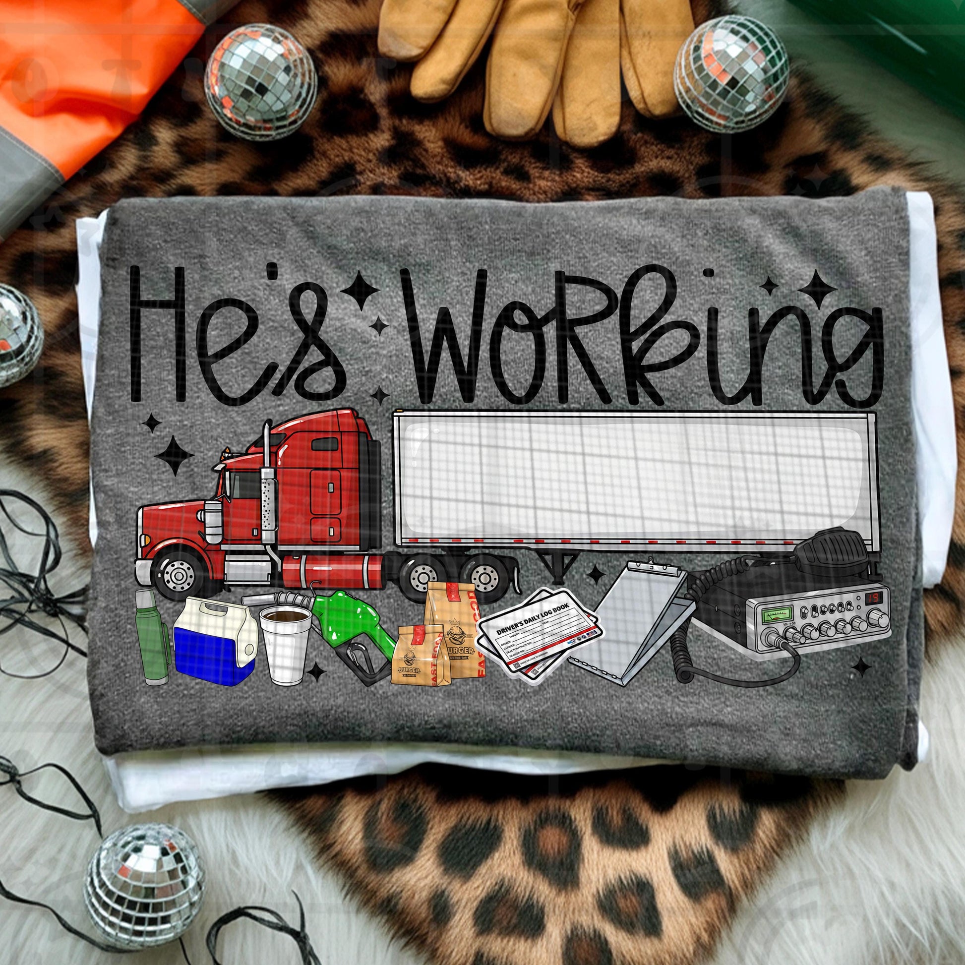 Hes working design with semi truck trailer cooler coffee log book clipboard and CB radio on dark gray background