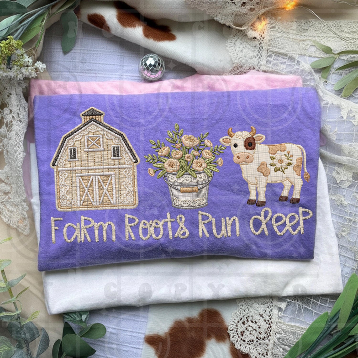 Farm Roots Run Deep farmhouse faux embroidery design cottagecore barn cow floral country quote png rustic homestead wall art