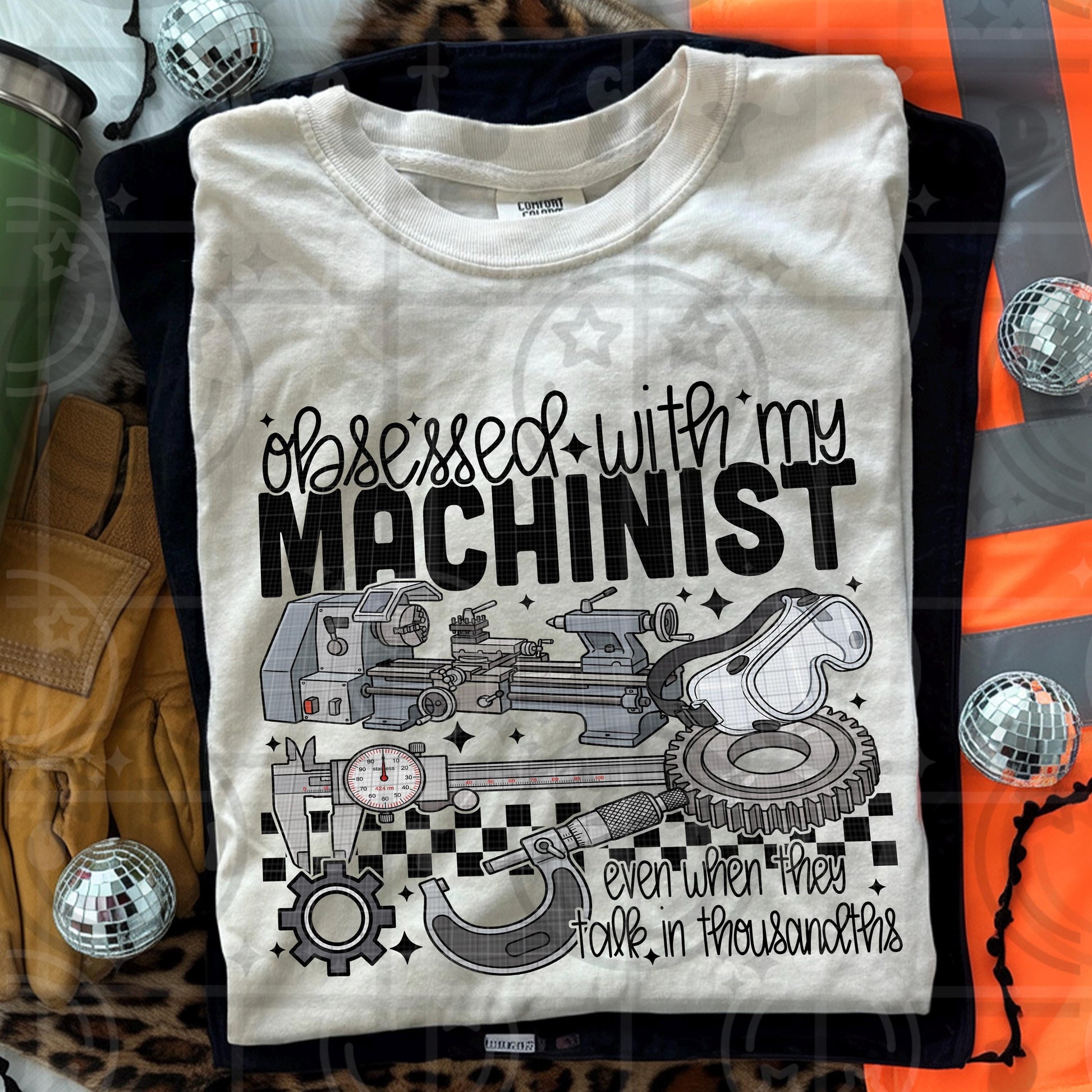 Machinist themed illustration showing lathe machine gears micrometer calipers and mechanical tools with text obsessed with my machinist
