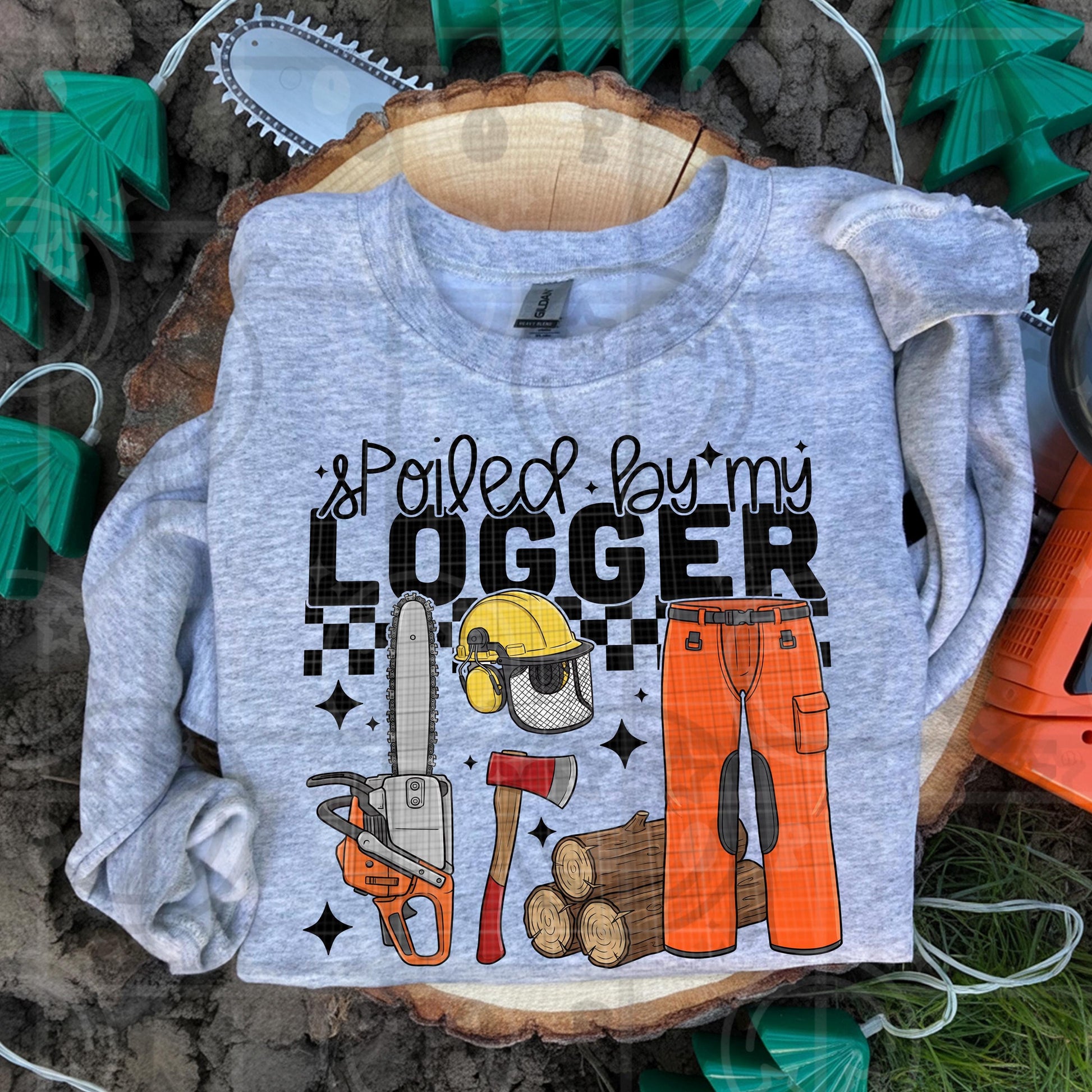 Logger themed illustration with chainsaw safety helmet axe stacked logs logging pants and text spoiled by my logger