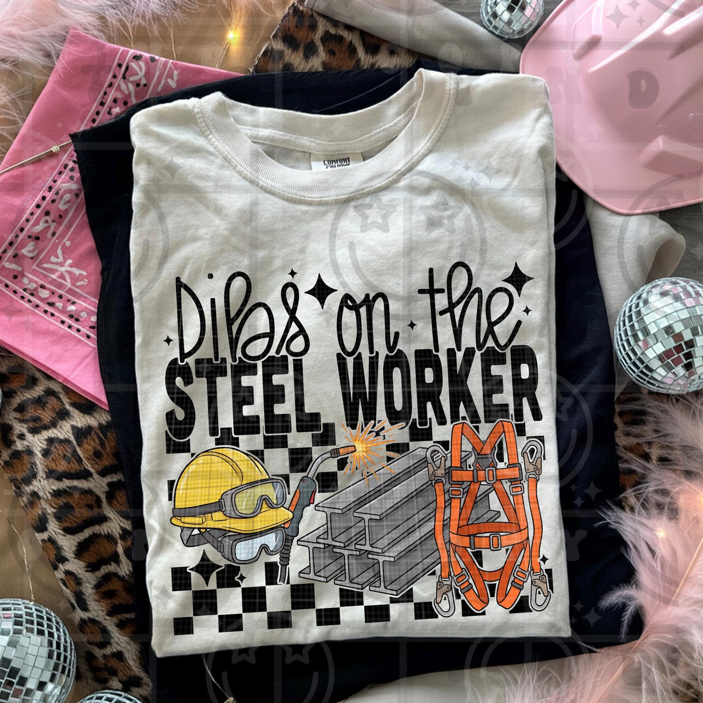 Steel worker themed illustration with steel beams welding torch sparks safety harness hard hat and text dibs on the steel worker