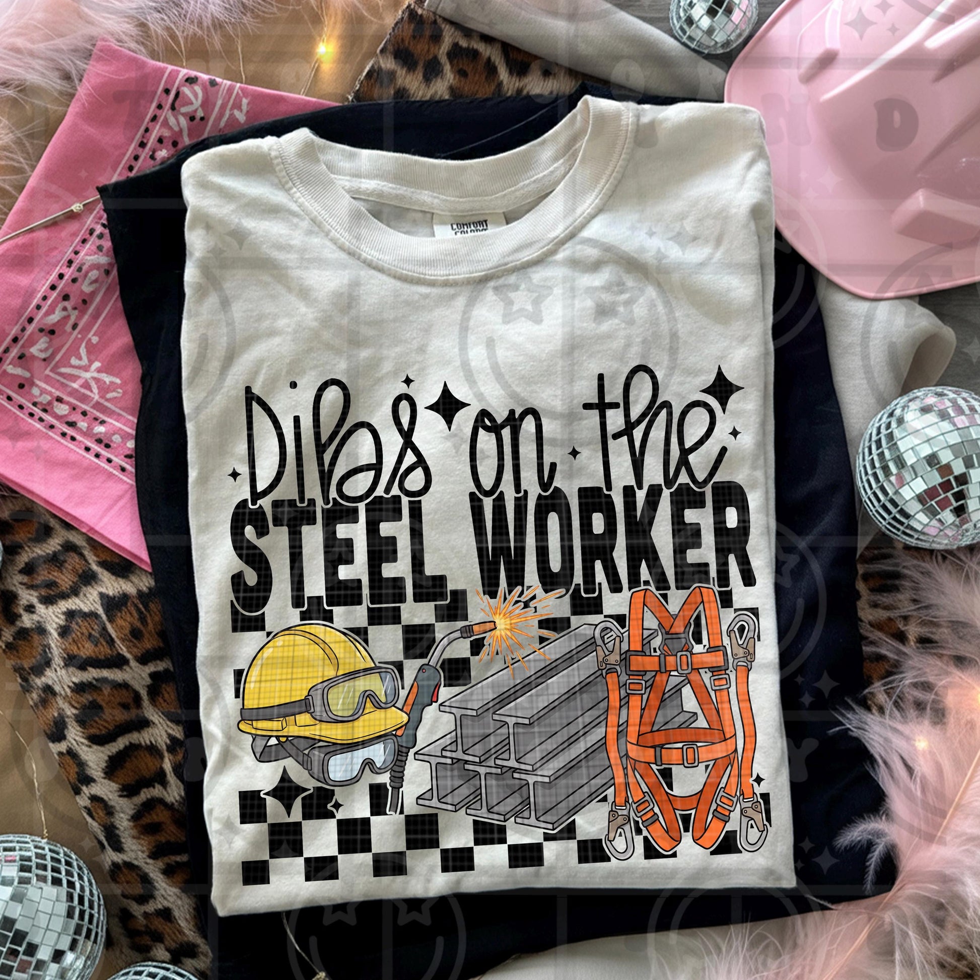 Steel worker themed illustration with steel beams welding torch sparks safety harness hard hat and text dibs on the steel worker
