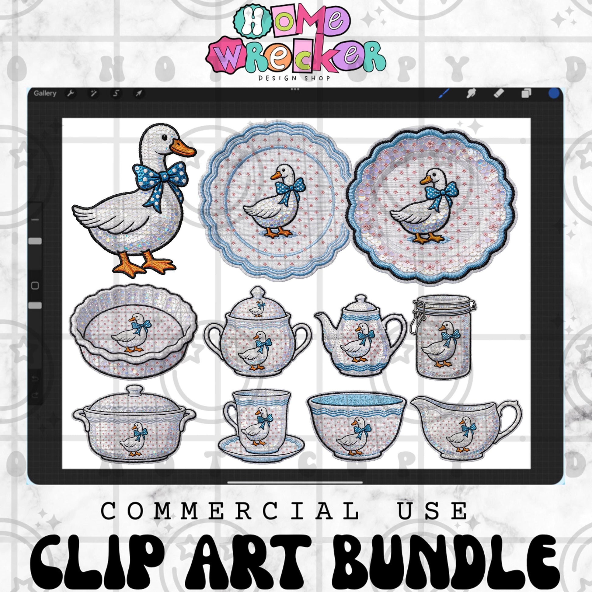 Vintage blue ribbon goose faux embroidery clipart featuring cottagecore dishes including teacups, plates, teapots, and jars with a soft embroidered-style texture.