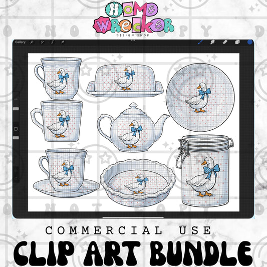 Vintage blue ribbon goose clipart set featuring cottagecore kitchen dishes such as teacups, plates, teapots, and jars in a classic illustrated style.