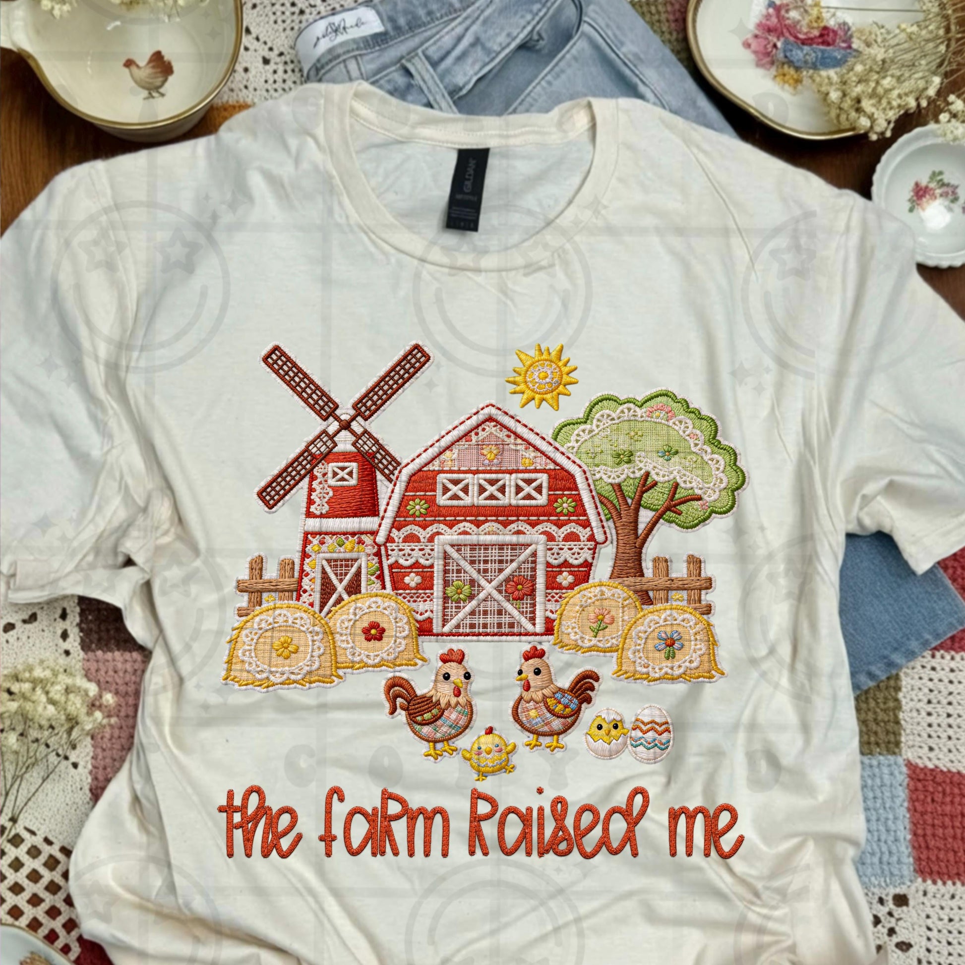 The Farm Raised Me faux embroidery style design with red barn windmill chickens hay bales tree and farmhouse country details