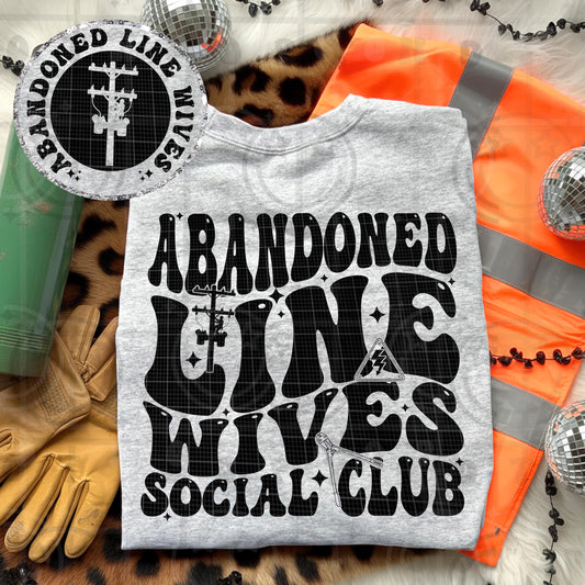 Abandoned line wives social club design with bold black retro lettering power pole and lineman tools on gray shirt