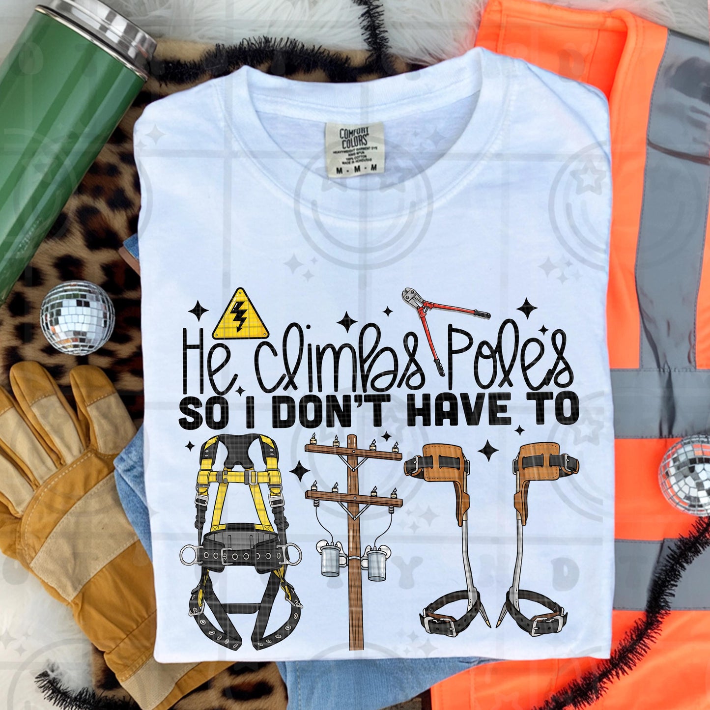 He climbs poles so I dont have to design with lineman safety harness climbing spikes power pole and utility tools