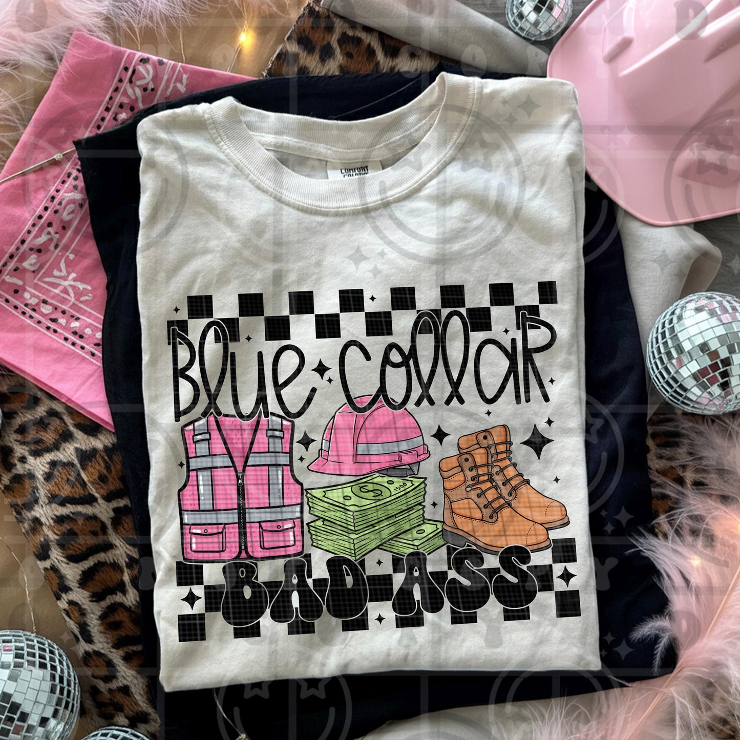 Blue Collar Badass design featuring pink safety vest hard hat work boots cash stack and bold checkerboard accents