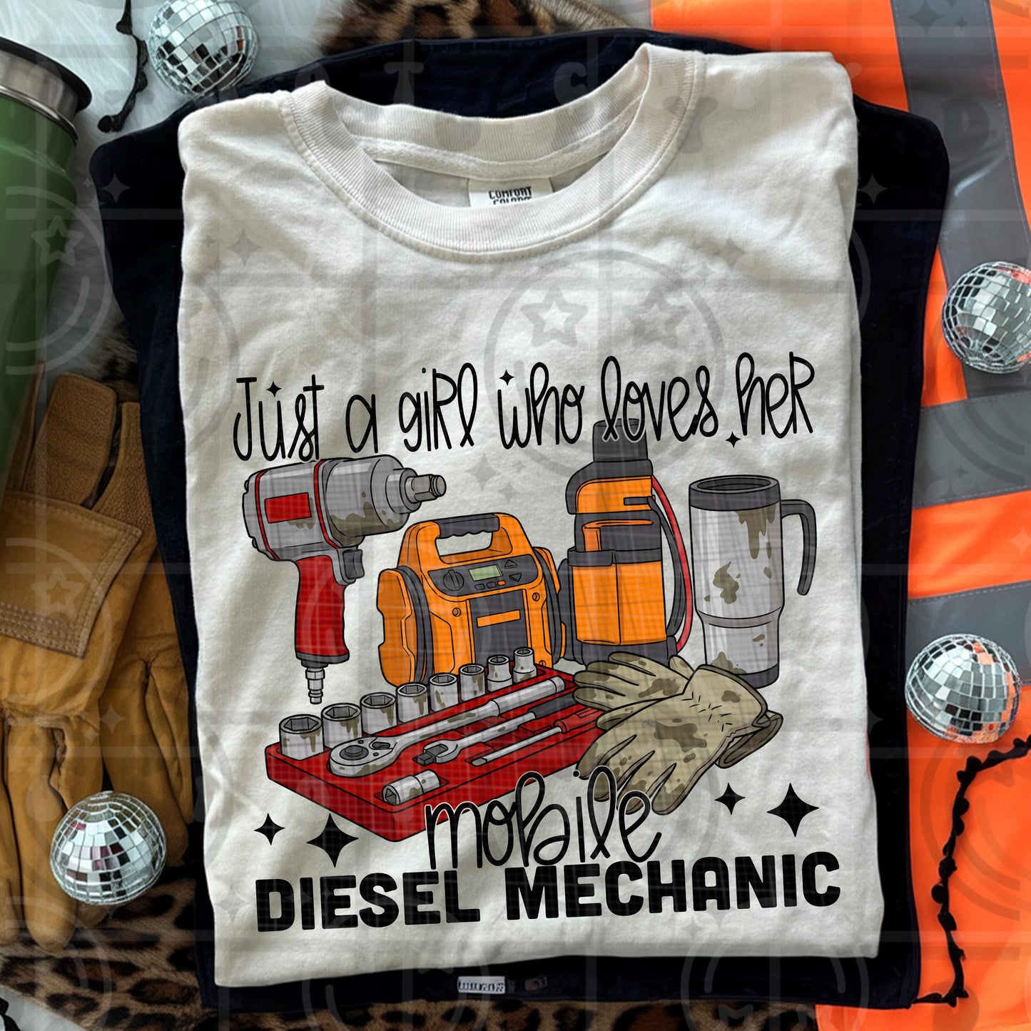 Just a girl who loves her mobile diesel mechanic text design with impact wrench socket set jump box thermos gloves and mechanic tools in a retro illustrated style