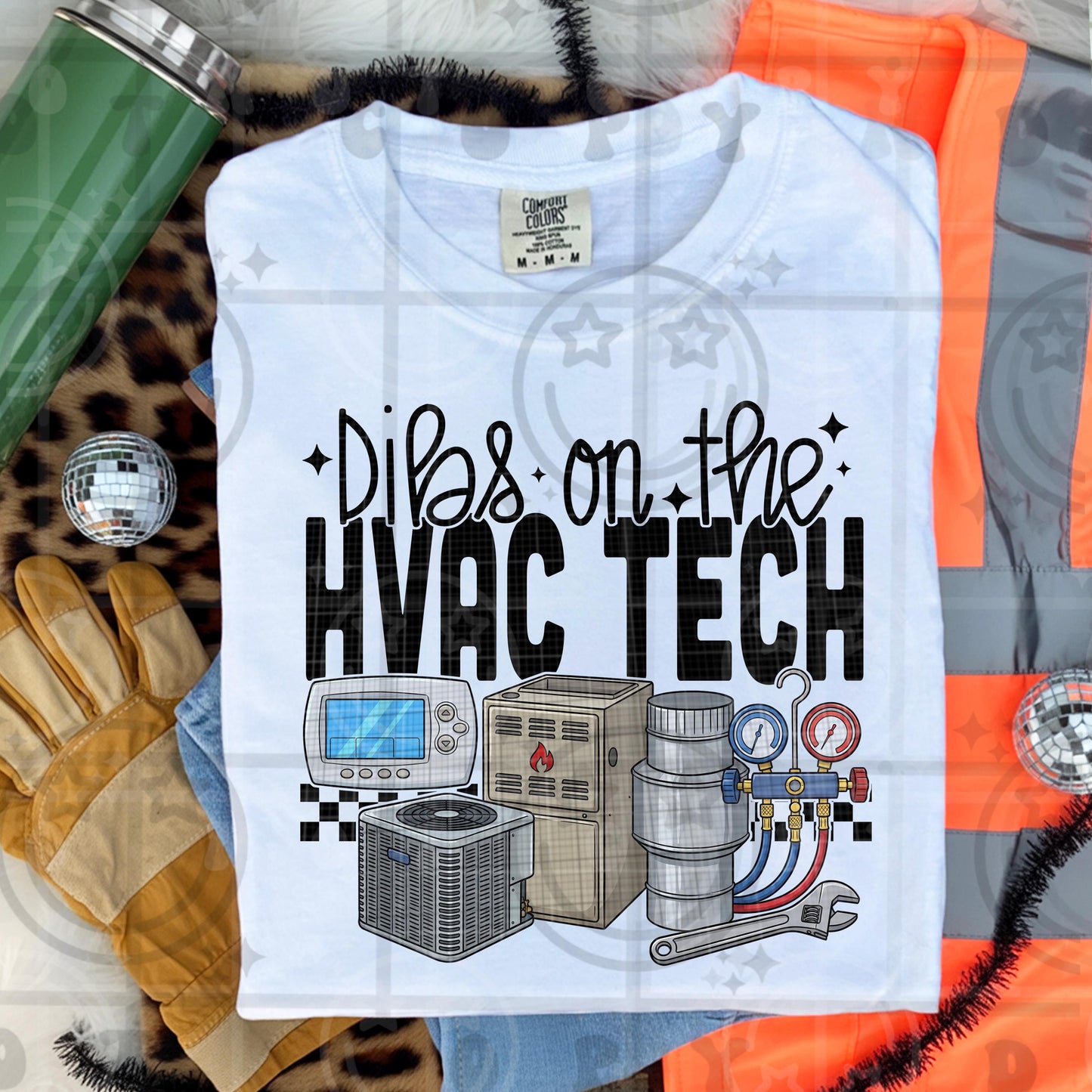 HVAC themed illustration with thermostat condenser furnace gauges hoses wrench and text reading dibs on the hvac tech