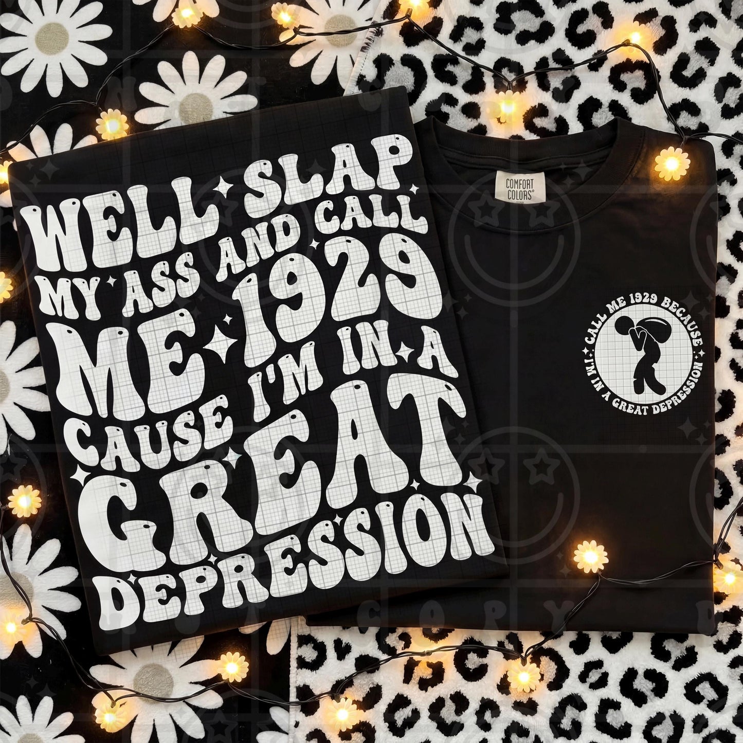 call me 1929 because im in a great depression wavy words design with matching pocket, front and back shirt design, wavy retro groovy PNG digital download