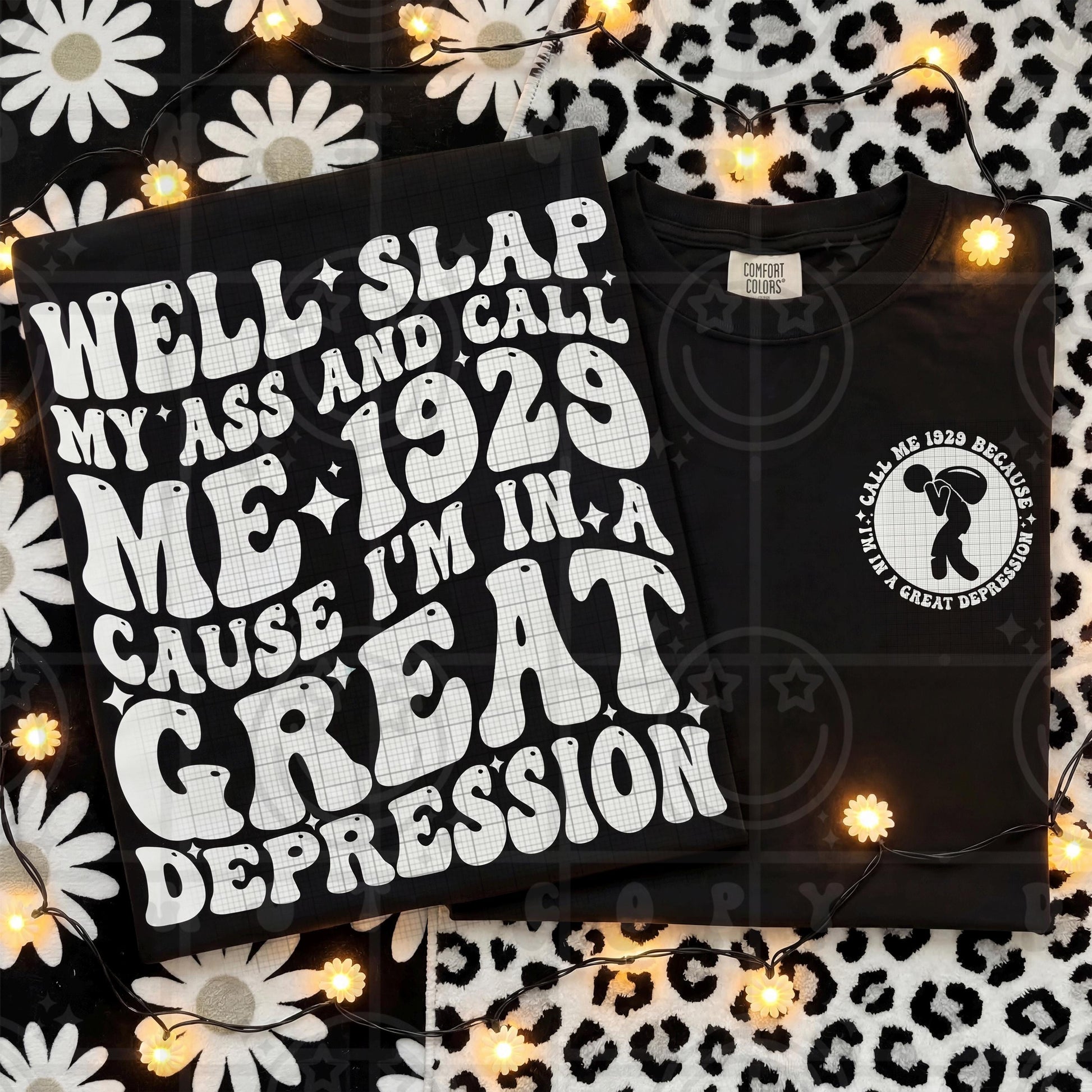 call me 1929 because im in a great depression wavy words design with matching pocket, front and back shirt design, wavy retro groovy PNG digital download