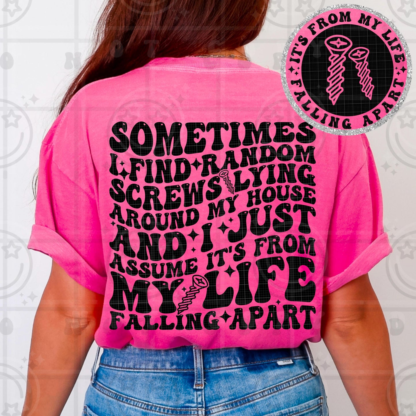 sometimes I find random screws lying around my house wavy words design with matching pocket, front and back shirt design, wavy retro groovy PNG digital download