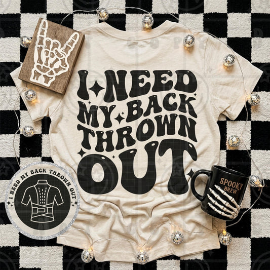 I need my back thrown out wavy words design with matching pocket, front and back shirt design, wavy retro groovy PNG digital download