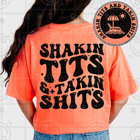 Shakin tits takin shits wavy words design with matching pocket, front and back shirt design, wavy retro groovy PNG digital download