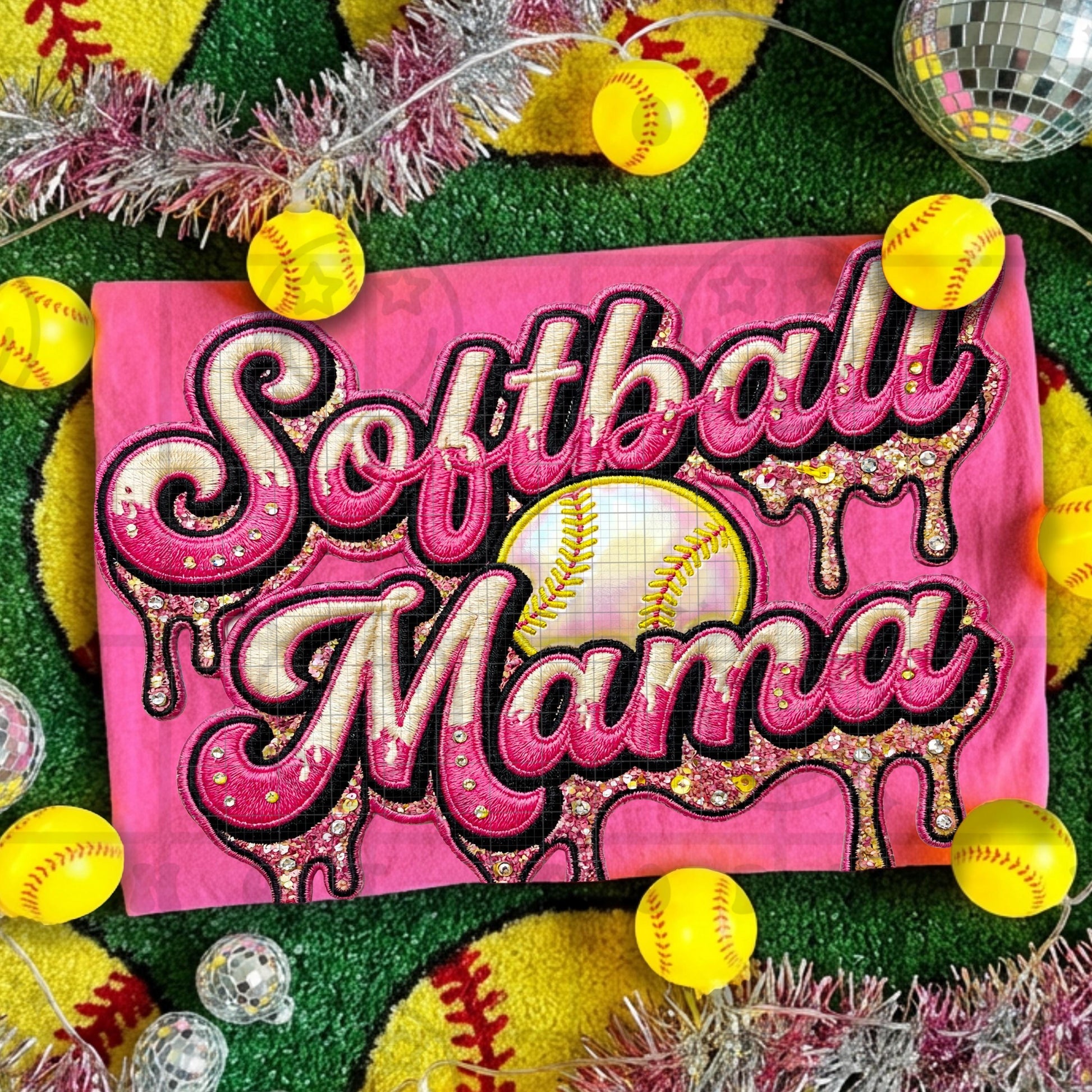 Softball Mama faux embroidery drip PNG digital download