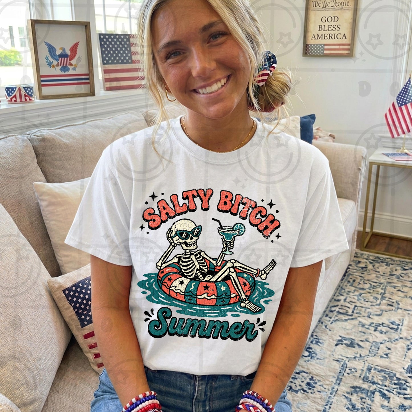 Salty bitch summer skeleton float distressed vintage PNG digital download