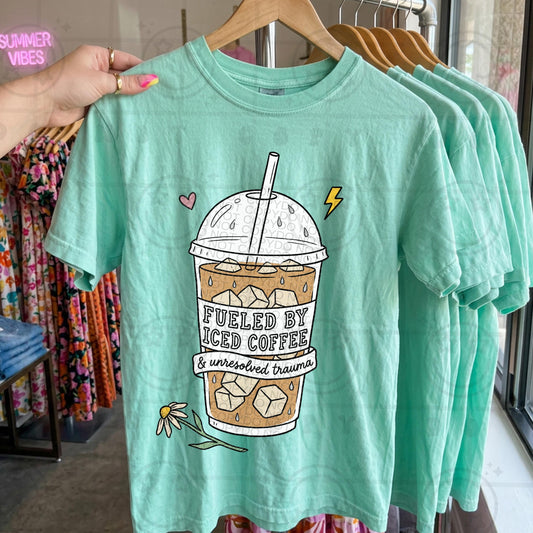 Fueled by iced coffee and trauma PNG digital download