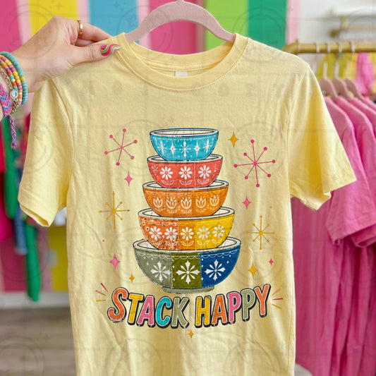 Stack happy vintage bowls vintage dishes thrifting retro faux embroidery PNG digital download
