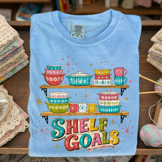 shelf goals vintage dishes on a wood shelf retro thrifting faux embroidery PNG digital download