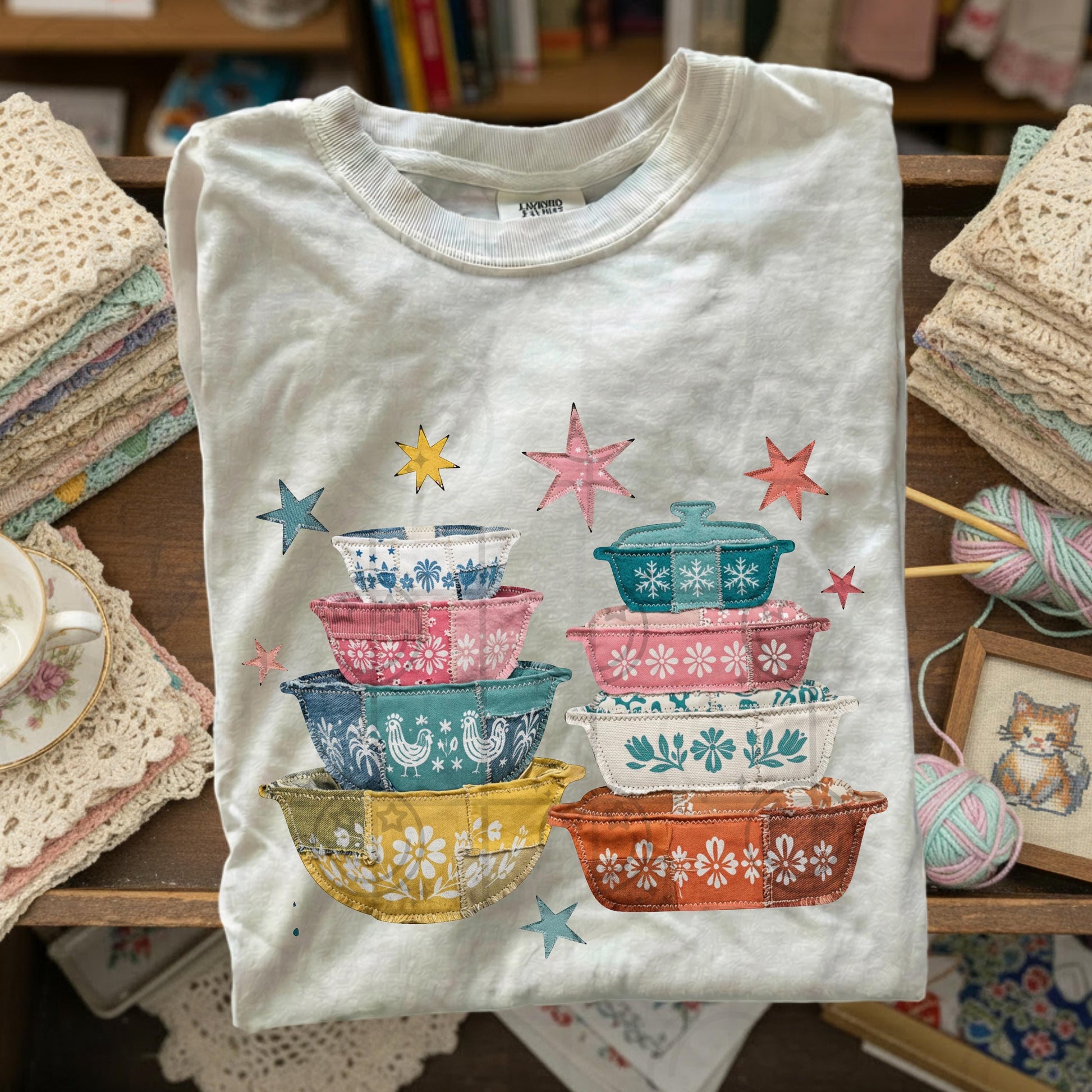 vintage dishes and stars retro thrifting faux embroidery PNG digital download