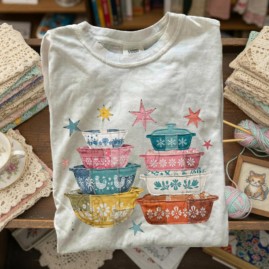 vintage dishes and stars retro thrifting faux embroidery PNG digital download