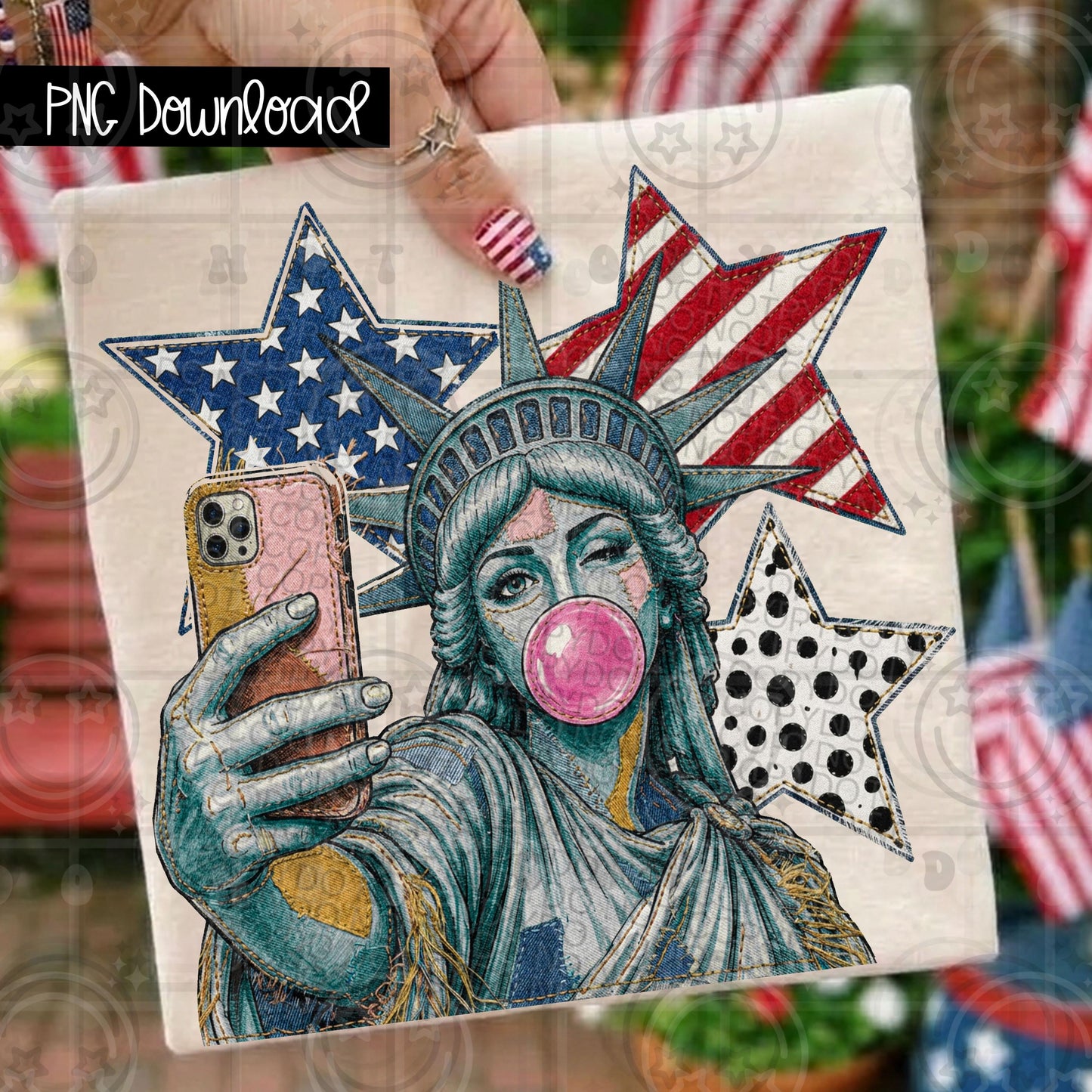 Lady Liberty Selfie Bubble Gum America July4 Tshirt faux embroidery PNG digital download