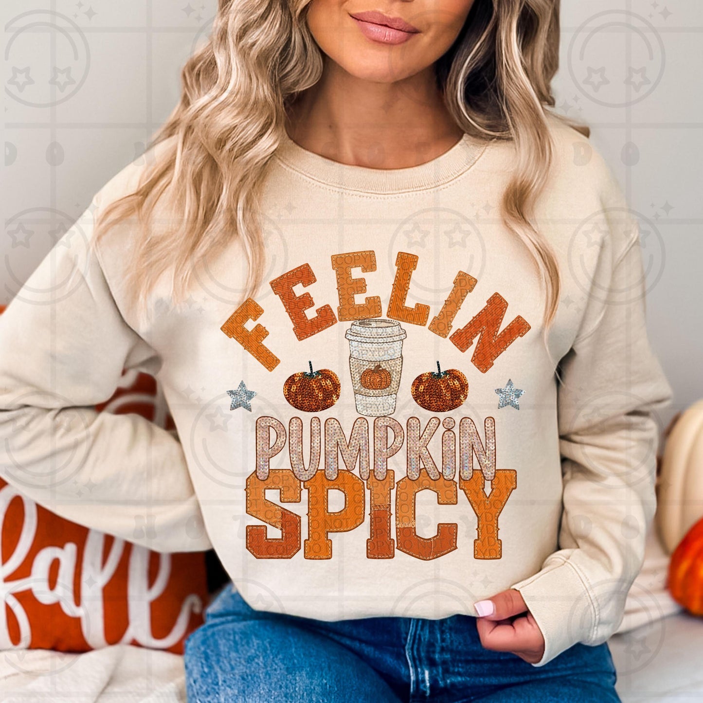feelin pumpkin spicy png, faux patchwork png, fall sequin png, pumpkin spice latte, autumn, neutral colors, PNG digital download