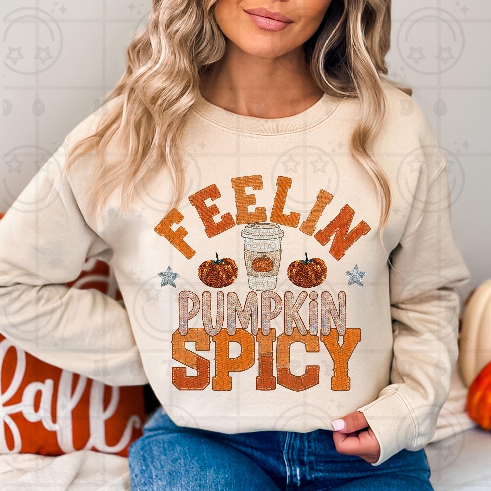 feelin pumpkin spicy png, faux patchwork png, fall sequin png, pumpkin spice latte, autumn, neutral colors, PNG digital download