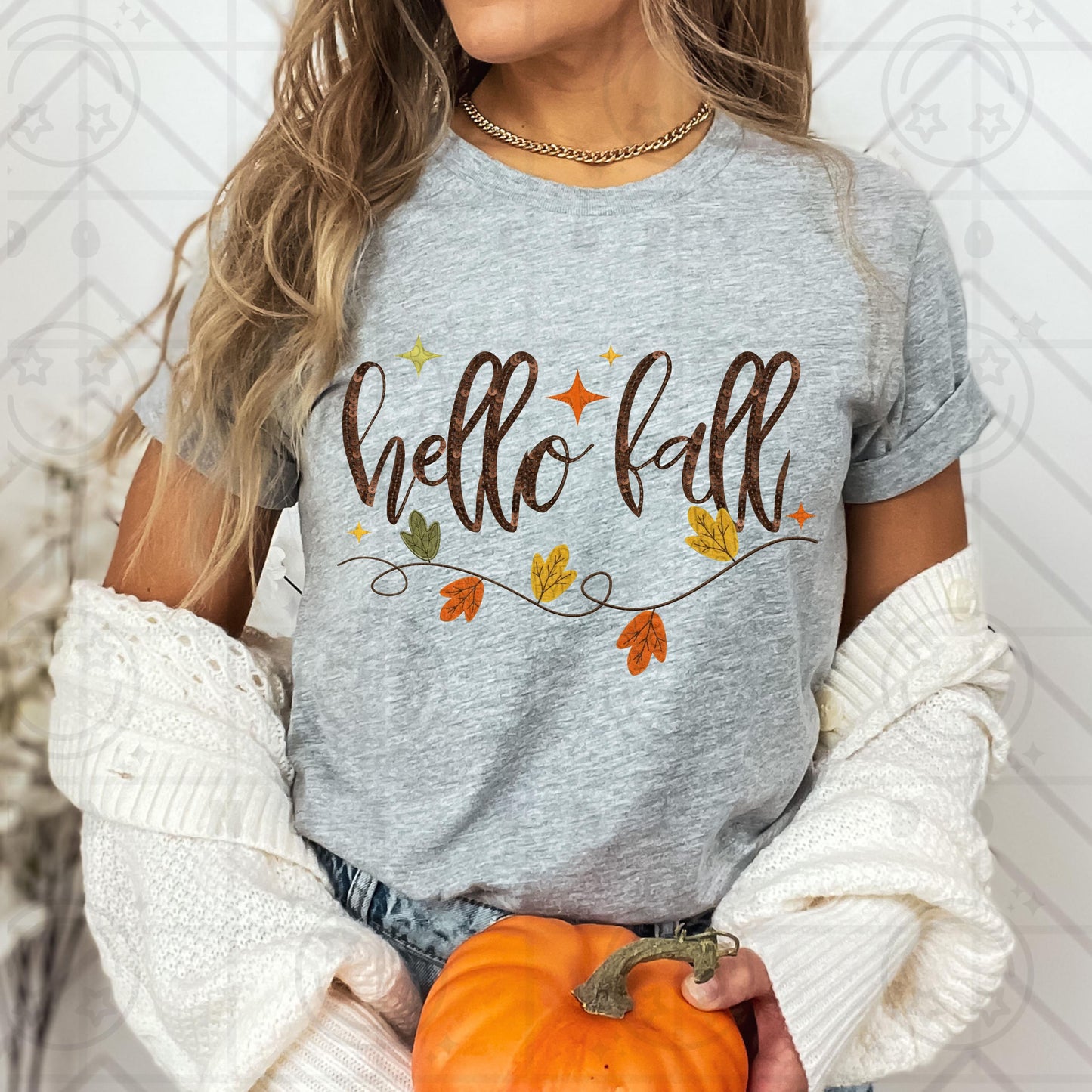 hello fall png, faux sequin faux embroidery, fall shirt design, digital download, digital applique, download