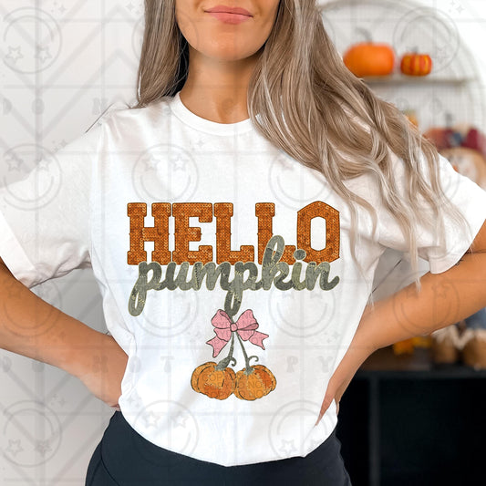 Hello pumpkin png, patchwork, faux sequins, pumpkin cherries, orange and green, digital download, faux embroidery PNG digital download