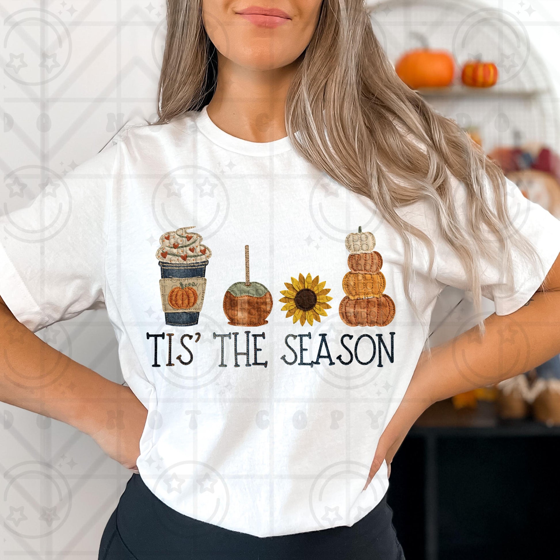 tis the season png, fall png, caramel apple, pumpkin spice, sunflower, stack of pumpkins png, faux embroidery, faux sequin PNG download