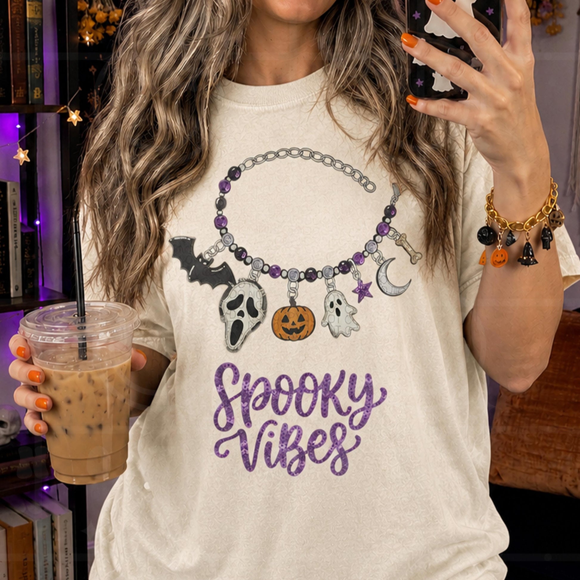 spooky vibes charm bracelet halloween faux embroidery faux sequin PNG digital download
