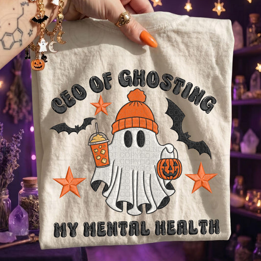 CEO of ghosting my mental health ghost bat halloween spooky faux embroidery PNG digital download