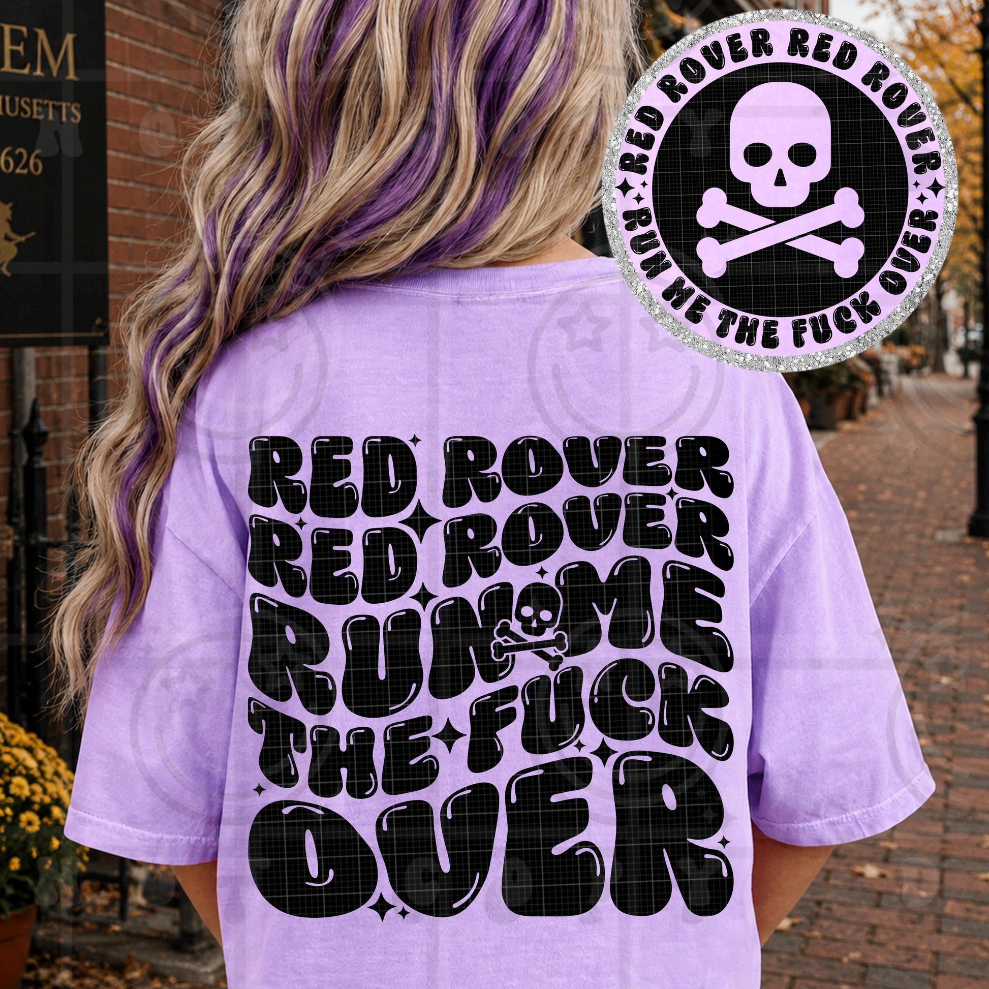 red rover red rover run me over wavy words design with matching pocket, front and back shirt design, wavy retro groovy PNG digital download