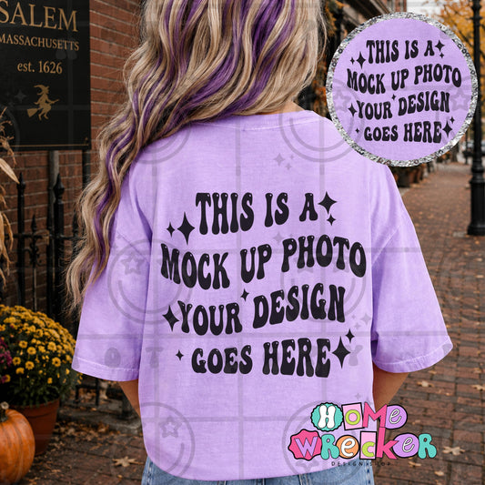 CC1717 Neon Violet back of tshirt with front pocket mock up, blank shirt photo, halloween, salem, witchy, digital download