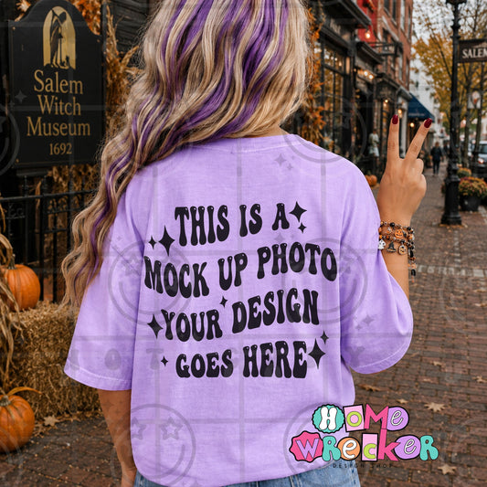 CC1717 Neon Violet back of tshirt with front pocket mock up peace sign, blank shirt photo, halloween, salem, witchy, digital download