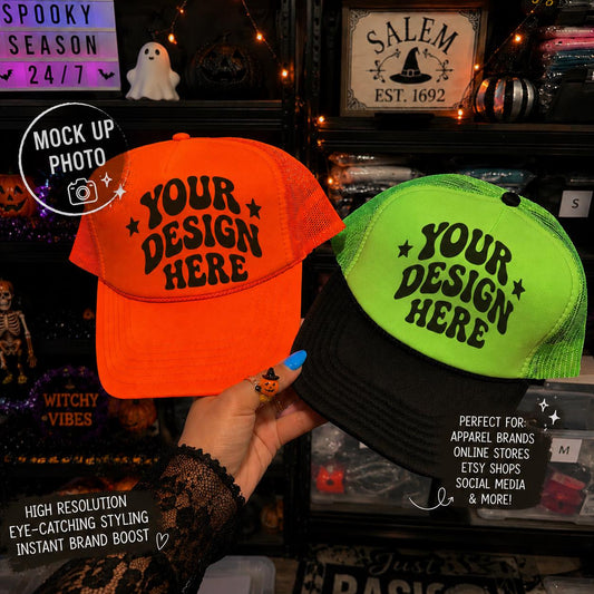Halloween Otto trucker hat neon orange neon green and black spooky season blank mock up photograph digital download