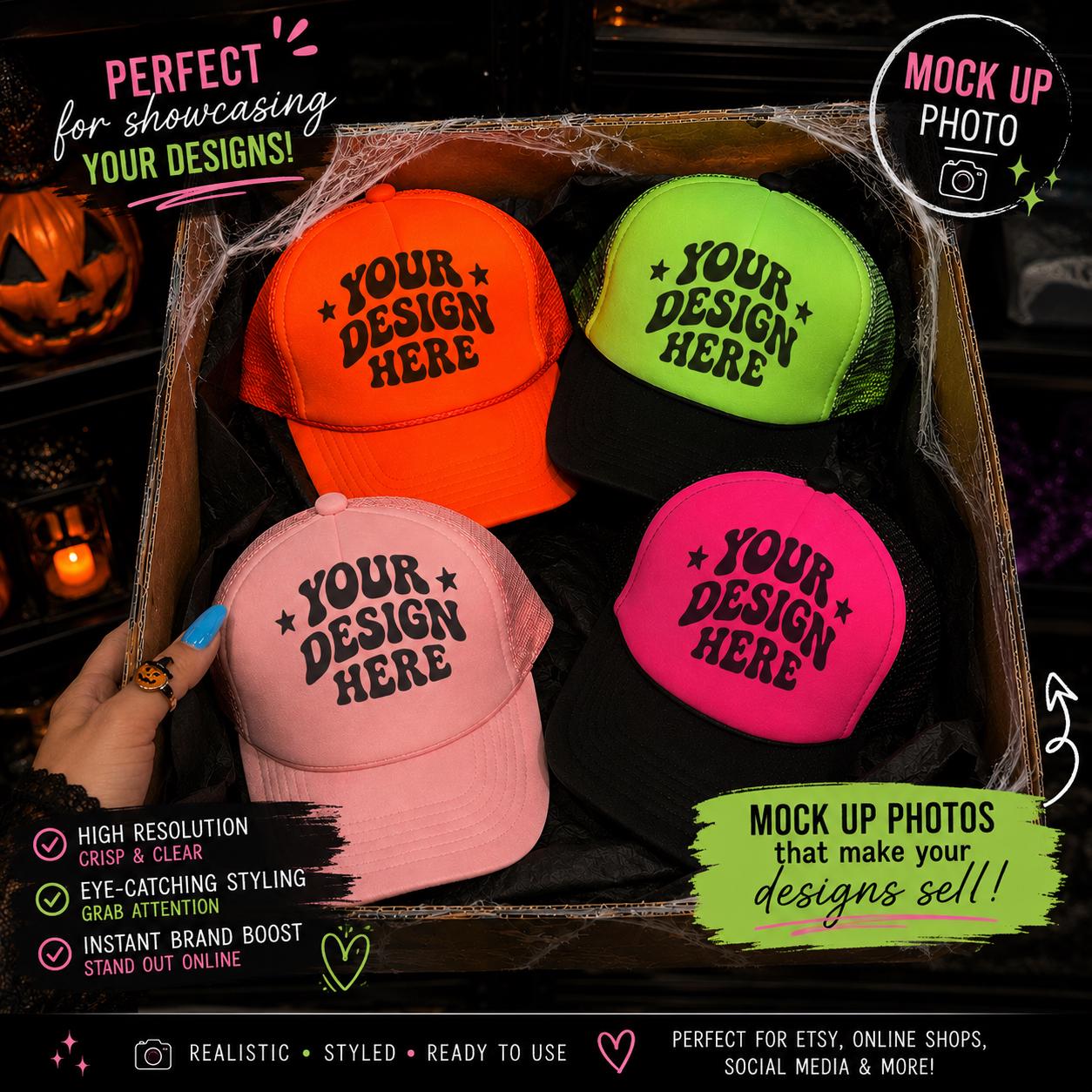 Otto trucker hats multiple hats in a box halloween spooky season neon colors blank mock up photograph digital download