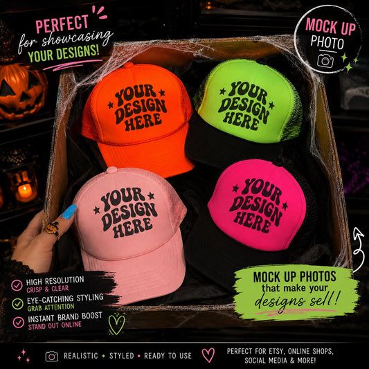 Otto trucker hats multiple hats in a box halloween spooky season neon colors blank mock up photograph digital download