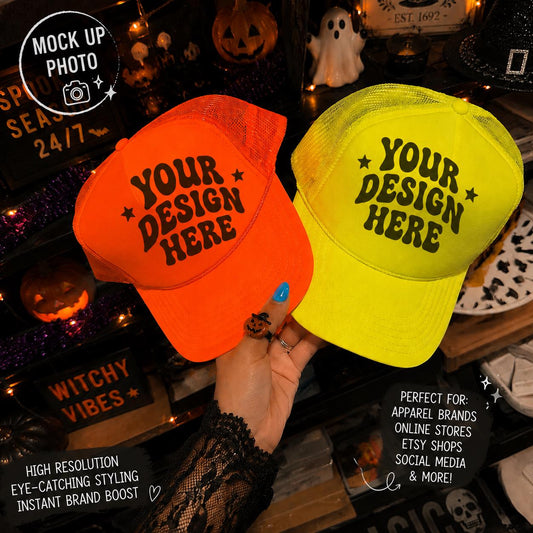 otto trucker hat mockup neon yellow neon orange halloween spooky season blank mock up photograph digital download