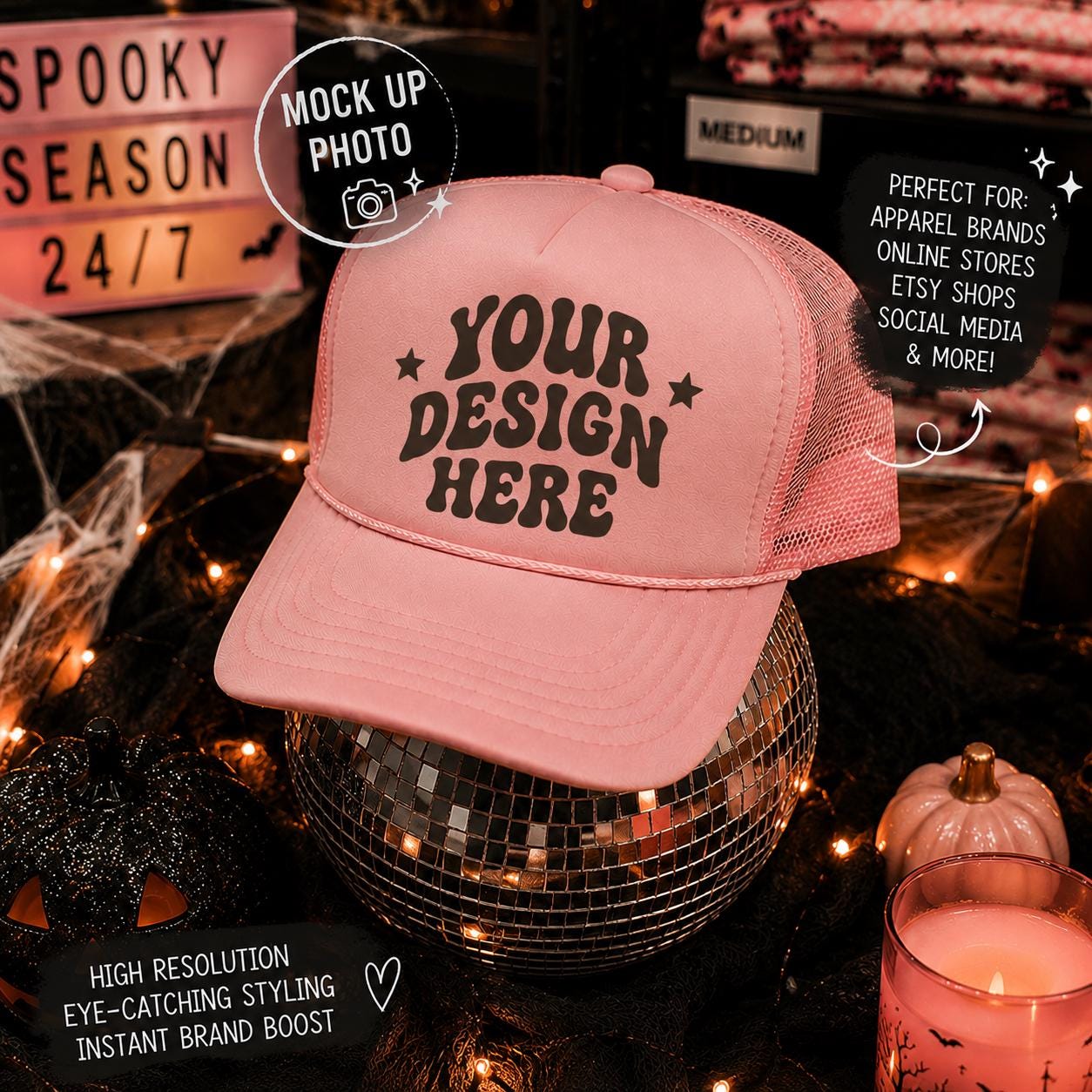 otto trucker hat light pink halloween spooky season discoballs blank mock up photograph digital download