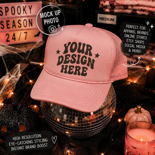 otto trucker hat light pink halloween spooky season discoballs blank mock up photograph digital download